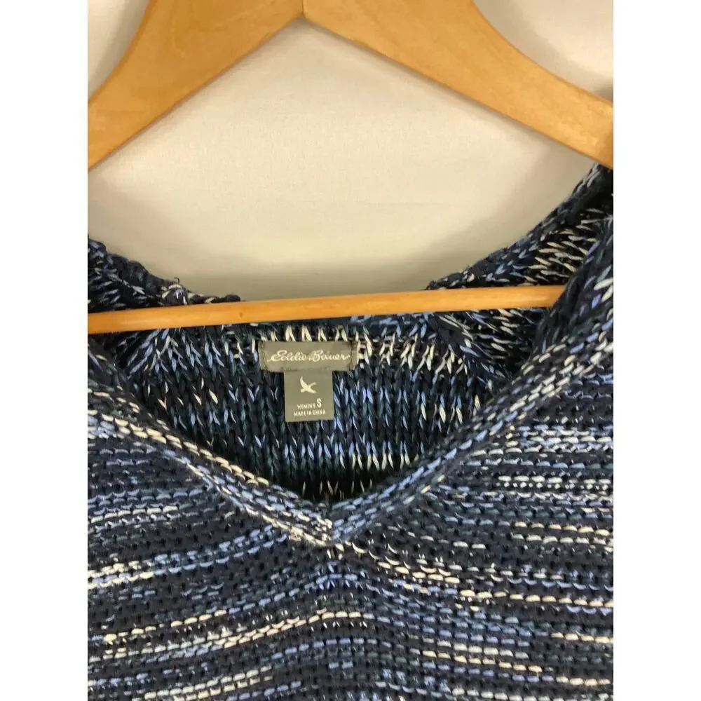 Eddie Bauer Blue V Neck Hooded Loose Knit Sweater Womans Small